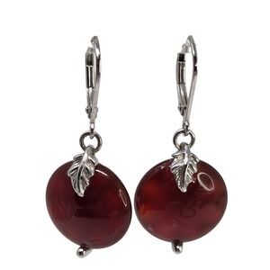 VTG EA Sterling Silver Red Carnelian Leaf Leverback Dangle Earrings Earth Arts